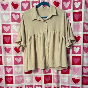 SHEIN Beige Button-Down Shirt Size L Ruffle Sleeves.